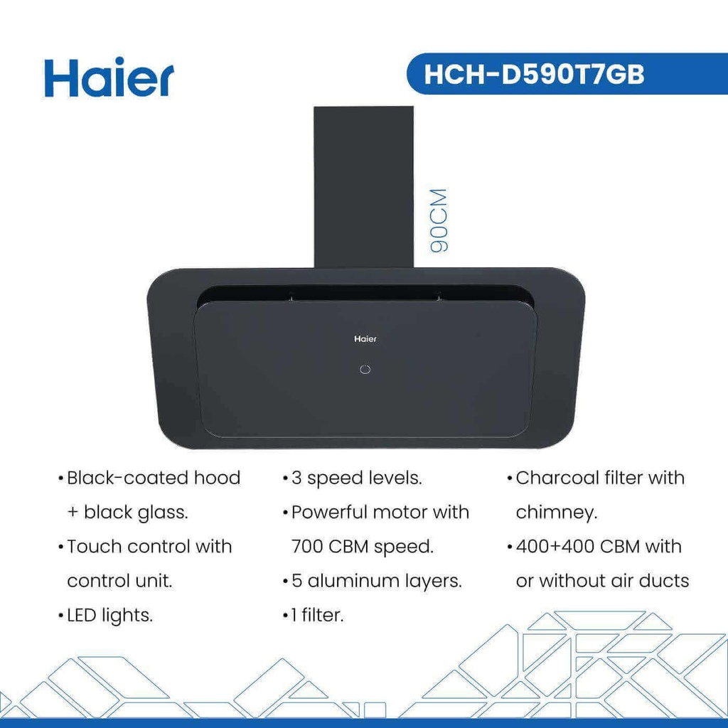 شفاط هاير 90 سم HCH - D590T7GB زجاج اسود