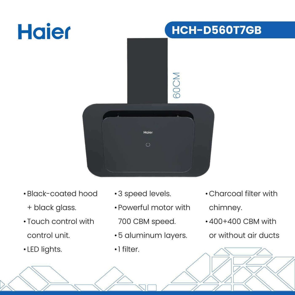 شفاط هاير 60 سم HCH - D560T7GB زجاج اسود